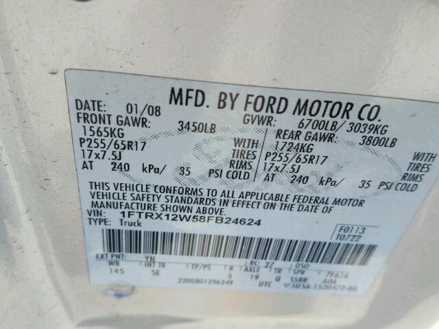 1FTRX12W58FB24624 - 2008 FORD F150 SILVER photo 10