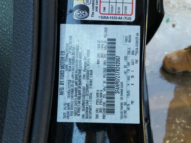 3FAHP07Z17R242007 - 2007 FORD FUSION SE BLACK photo 10