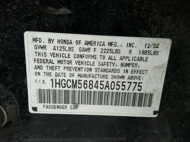 1HGCM56845A055775 - 2005 HONDA ACCORD EX BLACK photo 10