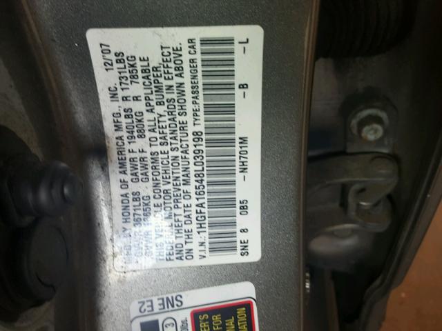 1HGFA16548L039198 - 2008 HONDA CIVIC LX CHARCOAL photo 10