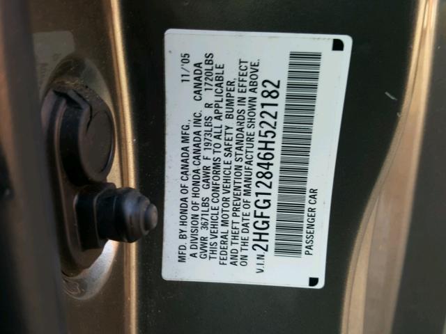 2HGFG12846H522182 - 2006 HONDA CIVIC EX GRAY photo 10