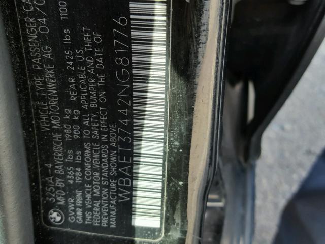 WBAET37442NG81776 - 2002 BMW 325 I BLACK photo 10
