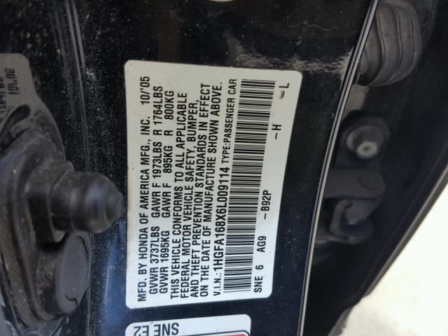 1HGFA168X6L009114 - 2006 HONDA CIVIC EX 黑色 照片 10