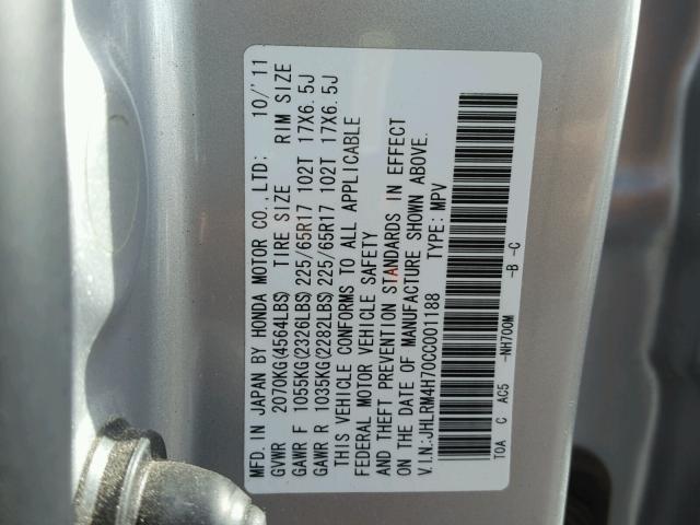 JHLRM4H70CC001188 - 2012 HONDA CR-V EXL SILVER photo 10