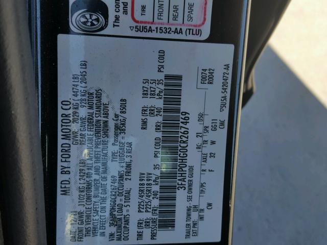 3FAHP0HG0CR267469 - 2012 FORD FUSION SE BLACK photo 10