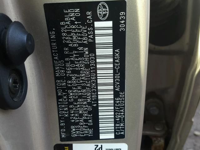 4T1BE32K36U113030 - 2006 TOYOTA CAMRY LE GOLD photo 10