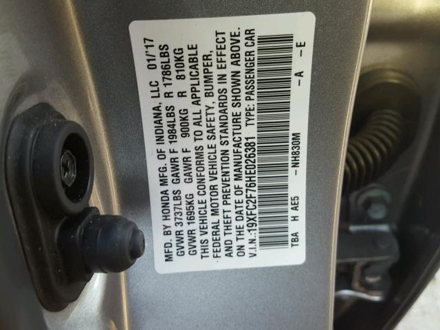 19XFC2F76HE026381 - 2017 HONDA CIVIC EX SILVER photo 10