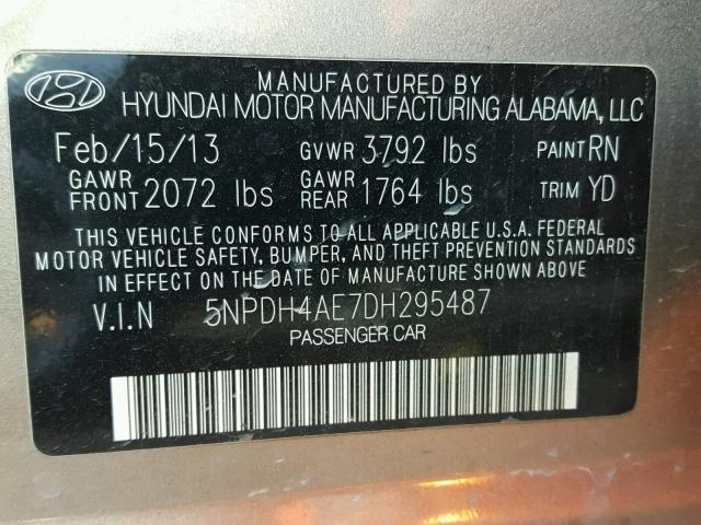 5NPDH4AE7DH295487 - 2013 HYUNDAI ELANTRA GL GRAY photo 10