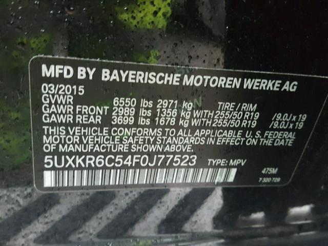 5UXKR6C54F0J77523 - 2015 BMW X5 XDRIVE5 BLACK photo 10