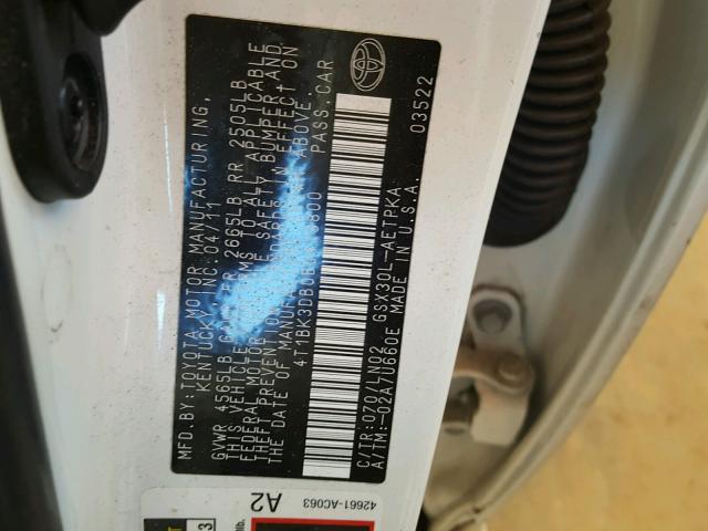 4T1BK3DB0BU419800 - 2011 TOYOTA AVALON BAS WHITE photo 10