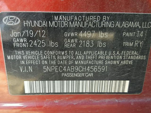 5NPEC4AB9CH456591 - 2012 HYUNDAI SONATA SE BURGUNDY photo 10