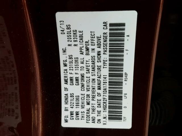 1HGCR2F71DA176141 - 2013 HONDA ACCORD EX RED photo 10