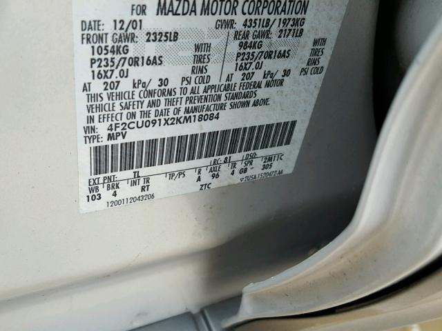 4F2CU091X2KM18084 - 2002 MAZDA TRIBUTE LX SILVER photo 10