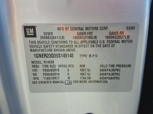 1GNER23D39S149145 - 2009 CHEVROLET TRAVERSE L SILVER photo 10