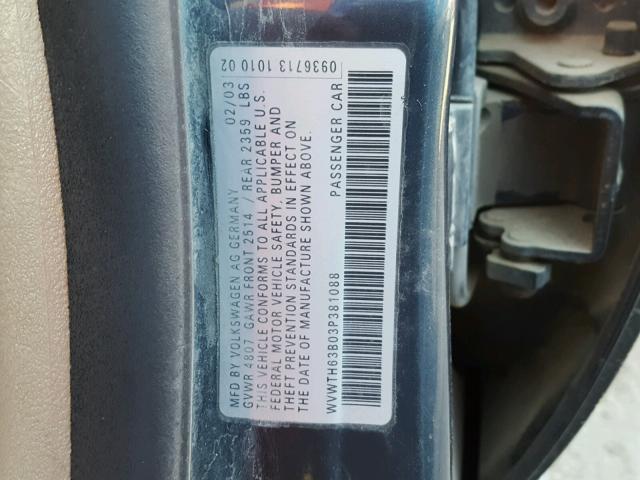 WVWTH63B03P381088 - 2003 VOLKSWAGEN PASSAT GLX GRAY photo 10