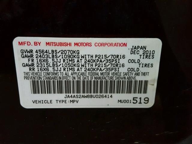 JA4AS2AW8BU026414 - 2011 MITSUBISHI OUTLANDER BLACK photo 10