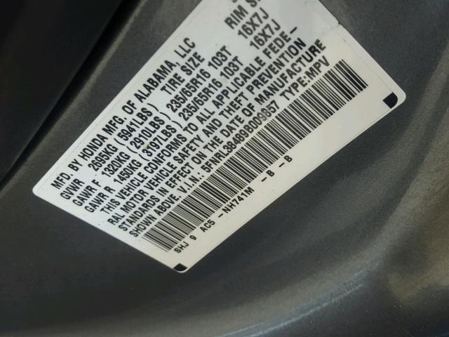 5FNRL38489B009857 - 2009 HONDA ODYSSEY EX GRAY photo 10