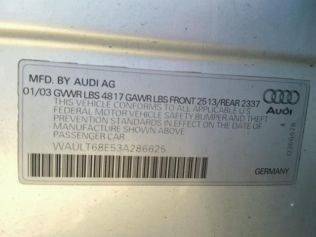 WAULT68E53A286625 - 2003 AUDI A4 3.0 QUA SILVER photo 10