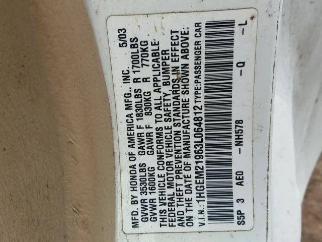 1HGEM21963L064812 - 2003 HONDA CIVIC EX 白色 照片 10
