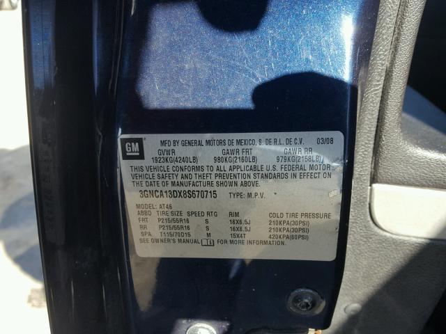 3GNCA13DX8S670715 - 2008 CHEVROLET HHR LS BLUE photo 10