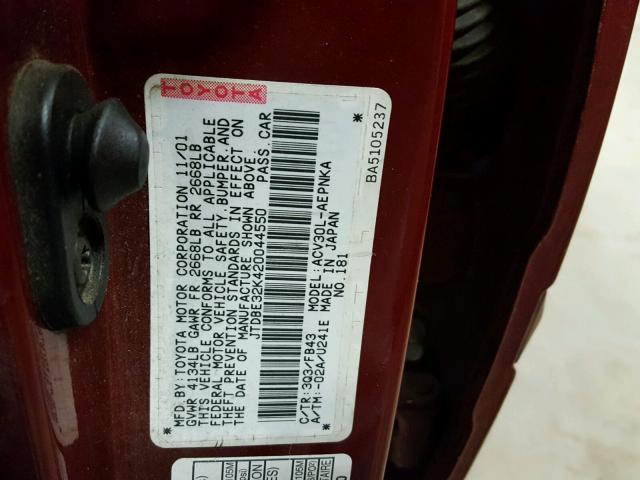 JTDBE32K420044550 - 2002 TOYOTA CAMRY LE MAROON photo 10