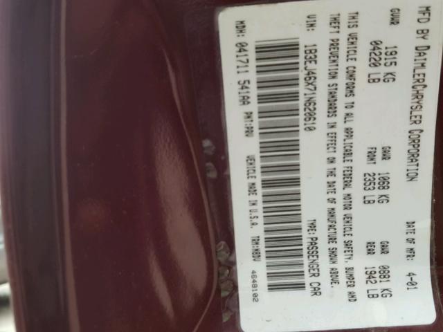 1B3EJ46X71N620610 - 2001 DODGE STRATUS SE BURGUNDY photo 10