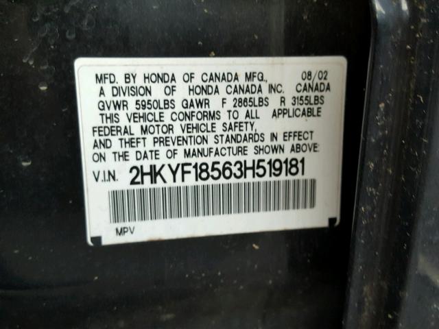 2HKYF18563H519181 - 2003 HONDA PILOT EXL BLACK photo 10