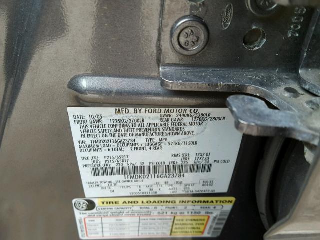 1FMDK02116GA23784 - 2006 FORD FREESTYLE GRAY photo 10