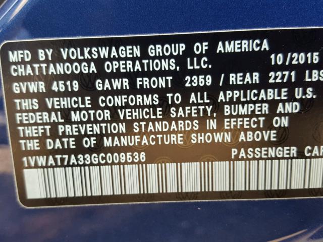 1VWAT7A33GC009536 - 2016 VOLKSWAGEN PASSAT S ლურჯი ფოტო 10