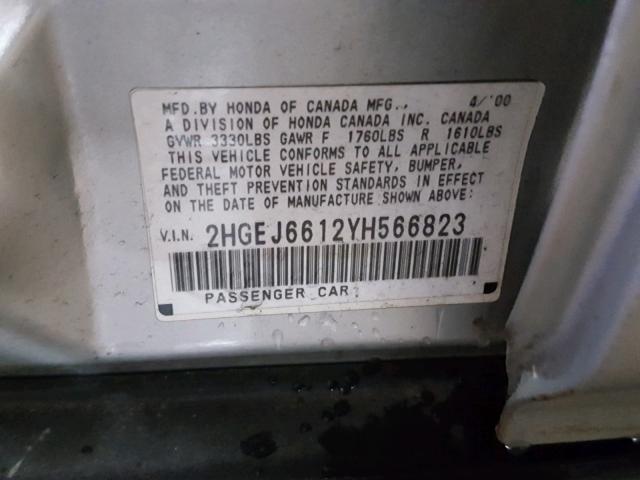 2HGEJ6612YH566823 - 2000 HONDA CIVIC BASE SILVER photo 10