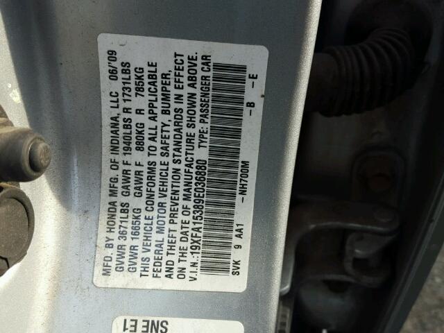 19XFA15389E036880 - 2009 HONDA CIVIC VP SILVER photo 10