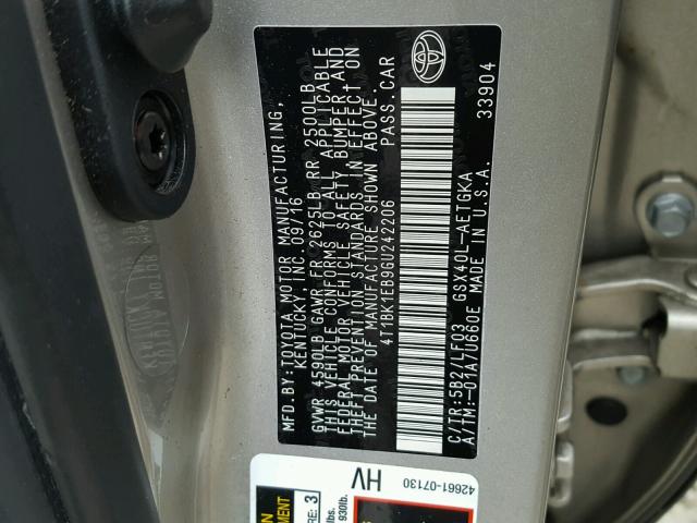 4T1BK1EB9GU242206 - 2016 TOYOTA AVALON XLE BEIGE photo 10