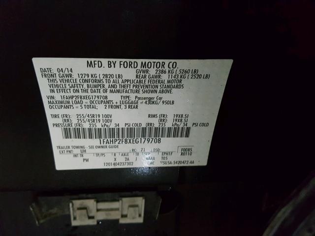 1FAHP2F8XEG179708 - 2014 FORD TAURUS LIM BLACK photo 10