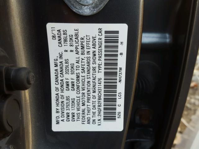 2HGFB2F84CH311476 - 2012 HONDA CIVIC EX GRAY photo 10