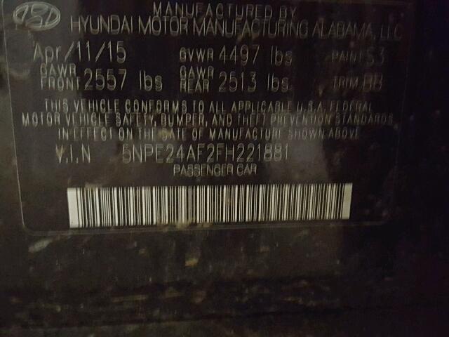 5NPE24AF2FH221881 - 2015 HYUNDAI SONATA SE BLACK photo 10