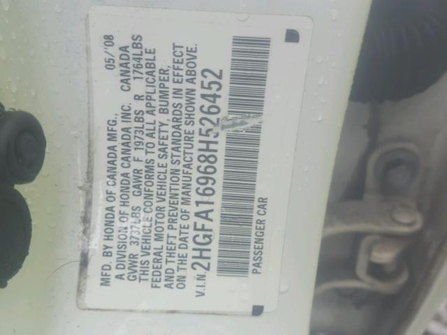 2HGFA16968H526452 - 2008 HONDA CIVIC EXL 白色 照片 10