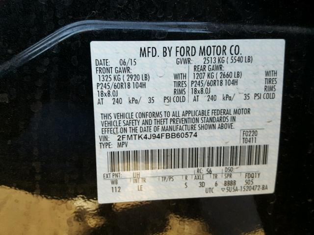 2FMTK4J94FBB60574 - 2015 FORD EDGE SEL BLACK photo 10