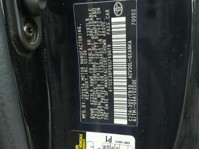 4T1CE38P06U749878 - 2006 TOYOTA CAMRY SOLA BLACK photo 10