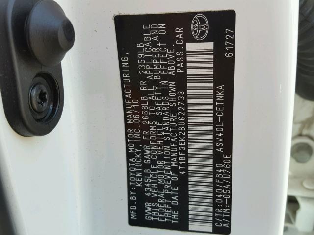 4T1BF3EK2BU622738 - 2011 TOYOTA CAMRY BASE WHITE photo 10