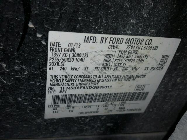 1FM5K8F8XDGB98011 - 2013 FORD EXPLORER L BLACK photo 10