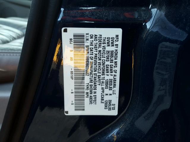 5FNRL18993B070982 - 2003 HONDA ODYSSEY EX BLUE photo 10