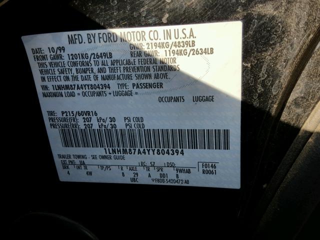 1LNHM87A4YY804394 - 2000 LINCOLN LS BLACK photo 10