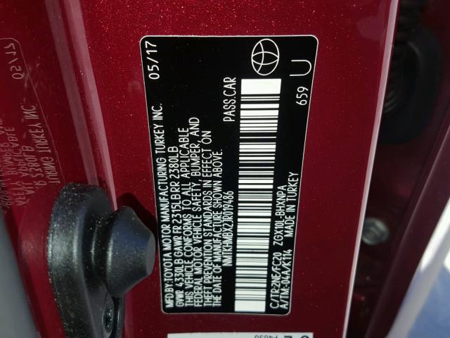 NMTKHMBX2JR019486 - 2018 TOYOTA C-HR XLE RED photo 10