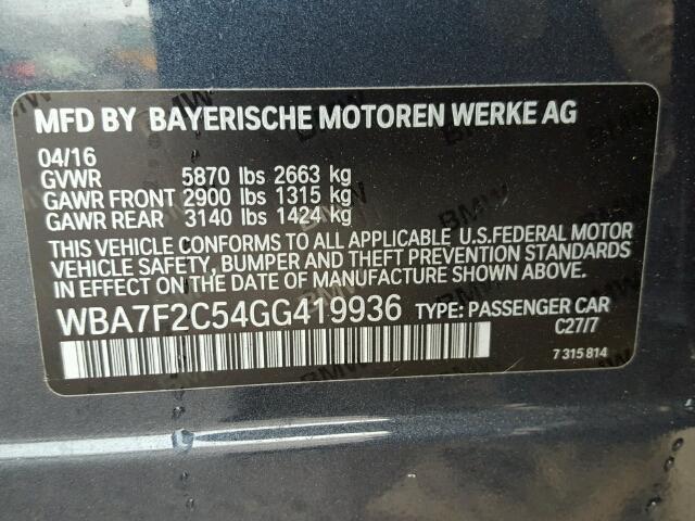 WBA7F2C54GG419936 - 2016 BMW 750 XI GRAY photo 10