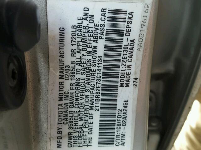 2T1BR32E73C141134 - 2003 TOYOTA COROLLA CE GRAY photo 10