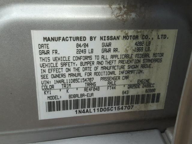 1N4AL11D05C154707 - 2005 NISSAN ALTIMA S GRAY photo 10