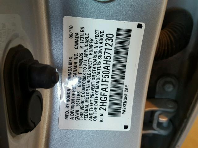 2HGFA1F50AH571230 - 2010 HONDA CIVIC LX SILVER photo 10