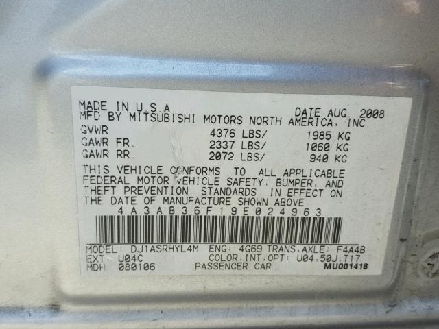 4A3AB36F19E024963 - 2009 MITSUBISHI GALANT ES SILVER photo 10