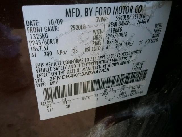 2FMDK4KC3ABA47836 - 2010 FORD EDGE LIMIT BURGUNDY photo 10