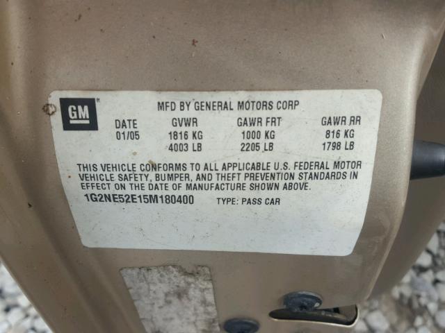 1G2NE52E15M180400 - 2005 PONTIAC GRAND AM S TAN photo 10